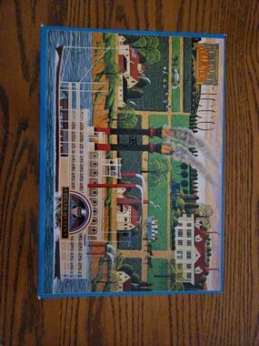 Vintage Puzzle Box with Riverboat Illustration - Multicolor